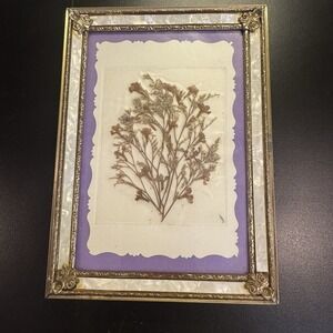 VTG Faux Mother‎ of Pearl Frame Metal Ornate Pressed Flowers Hollywood Regency